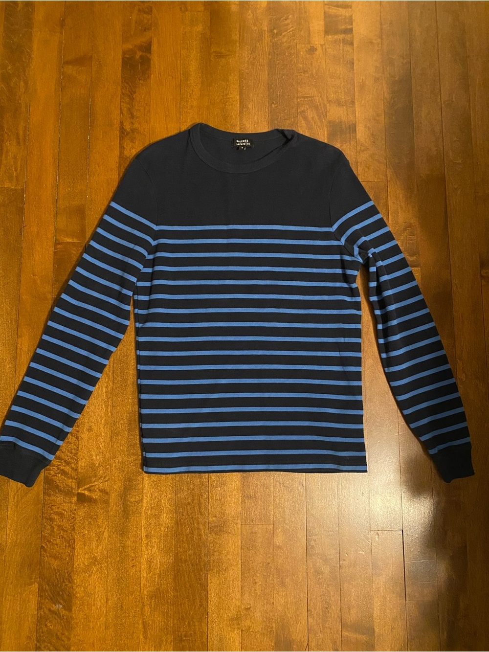 Galeries Lafayette Men's Navy and Blue Striped Long-Sleeve Sweater